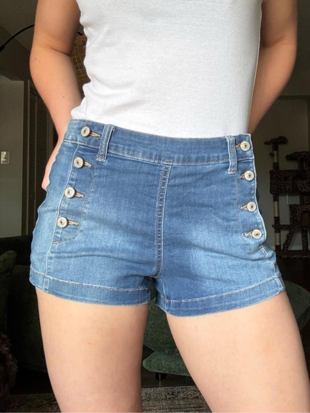 High Rise Button-Up Blue Daisy Duke Denim Shorts